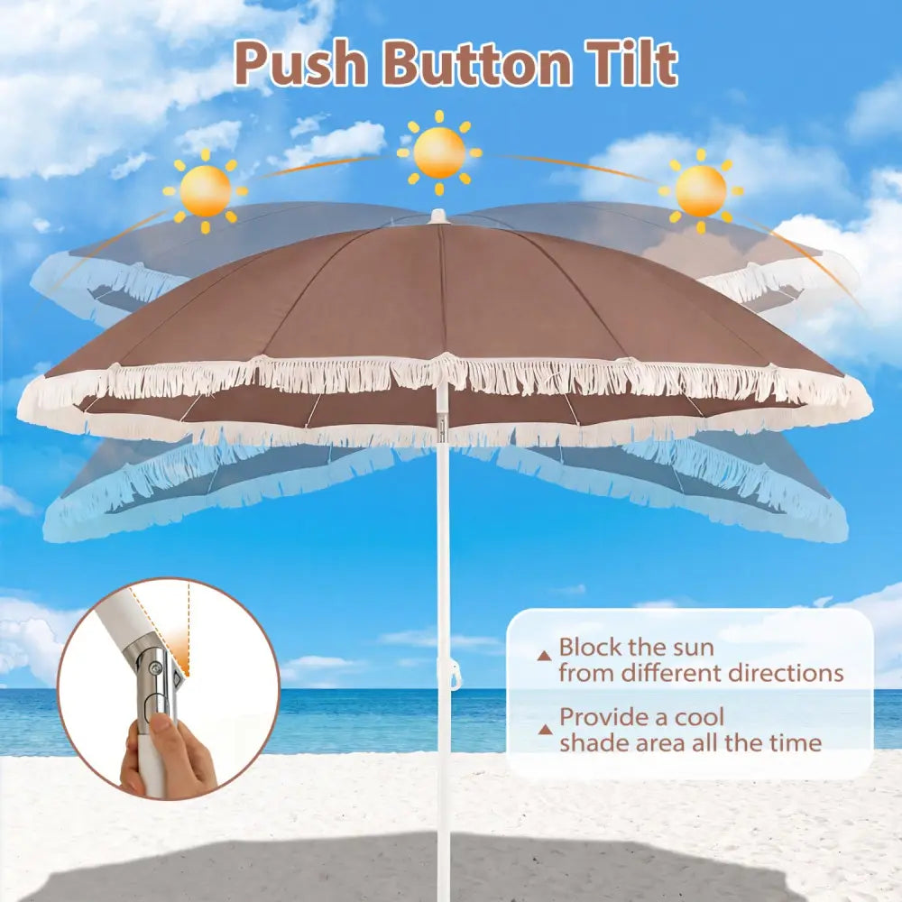 7 FT Patio Umbrella with Fringe Boho Tassel Umbrella for Outdoor Beach Garden Poolside-Brown - Brown - Outdoor Umbrellas