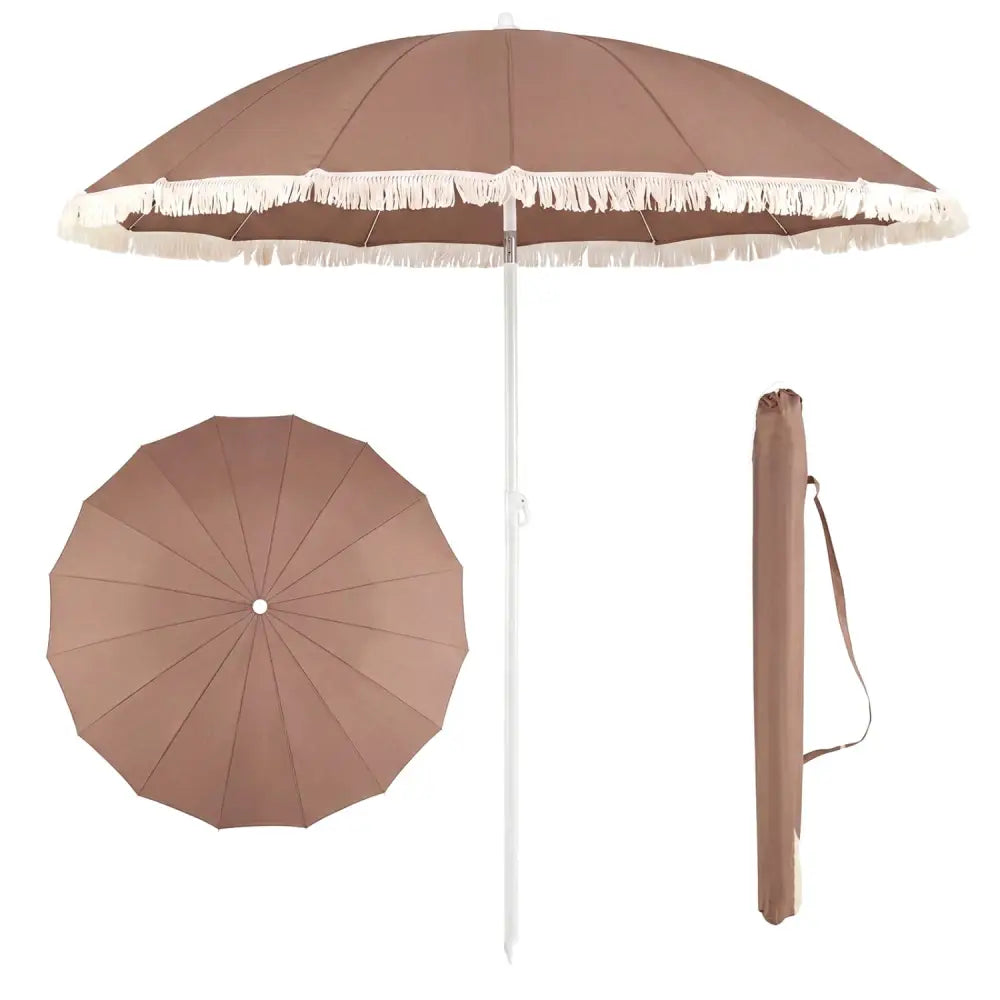 7 FT Patio Umbrella with Fringe Boho Tassel Umbrella for Outdoor Beach Garden Poolside-Brown - Brown - Outdoor Umbrellas