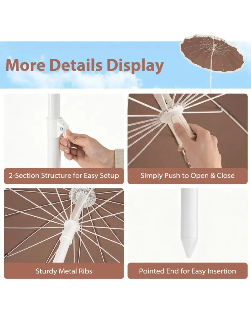 7 FT Patio Umbrella with Fringe Boho Tassel Umbrella for Outdoor Beach Garden Poolside-Brown - Brown - Outdoor Umbrellas