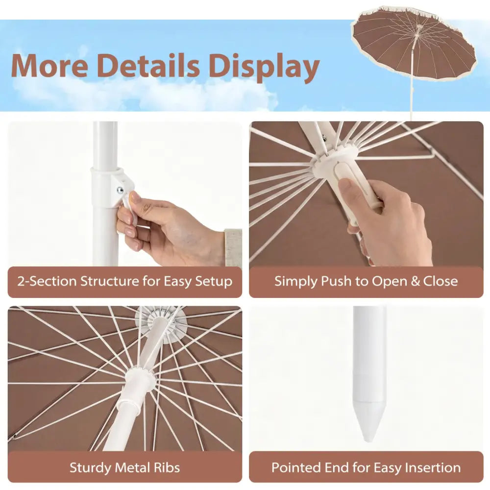 7 FT Patio Umbrella with Fringe Boho Tassel Umbrella for Outdoor Beach Garden Poolside-Brown - Brown - Outdoor Umbrellas