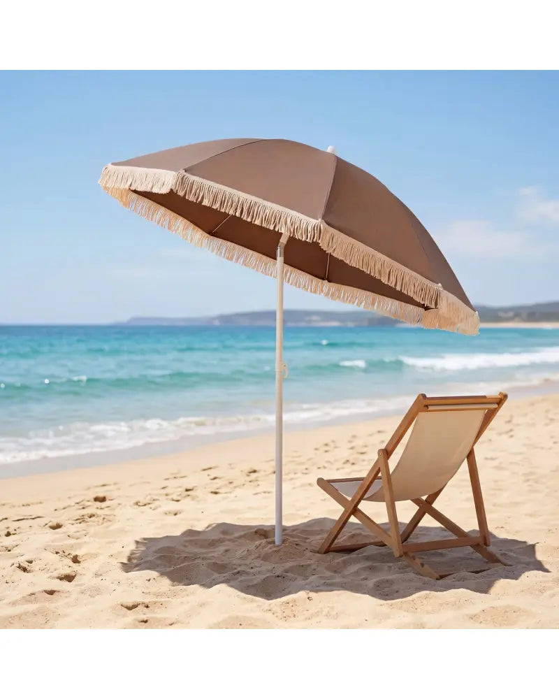 7 FT Patio Umbrella with Fringe Boho Tassel Umbrella for Outdoor Beach Garden Poolside-Brown - Brown - Outdoor Umbrellas