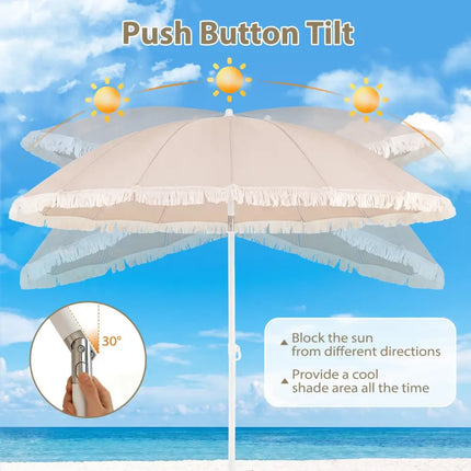 7 FT Patio Umbrella with Fringe Boho Tassel Umbrella for Outdoor Beach Garden Poolside-Beige - Beige - Outdoor Umbrellas