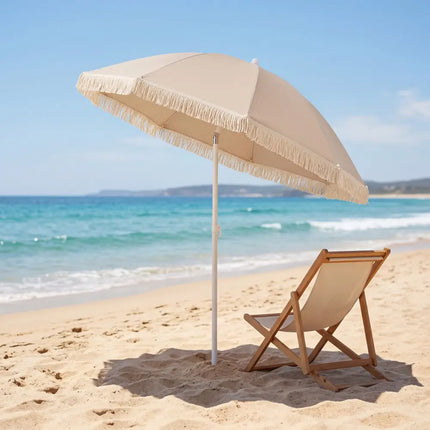 7 FT Patio Umbrella with Fringe Boho Tassel Umbrella for Outdoor Beach Garden Poolside-Beige - Beige - Outdoor Umbrellas