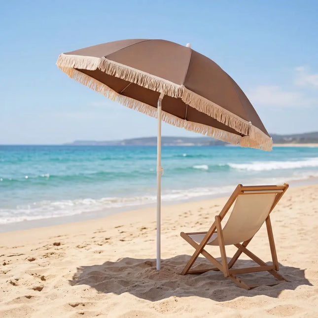 7 FT Patio Umbrella with Fringe Boho Tassel Umbrella for Outdoor Beach Garden Poolside-Brown - Brown - Outdoor Umbrellas