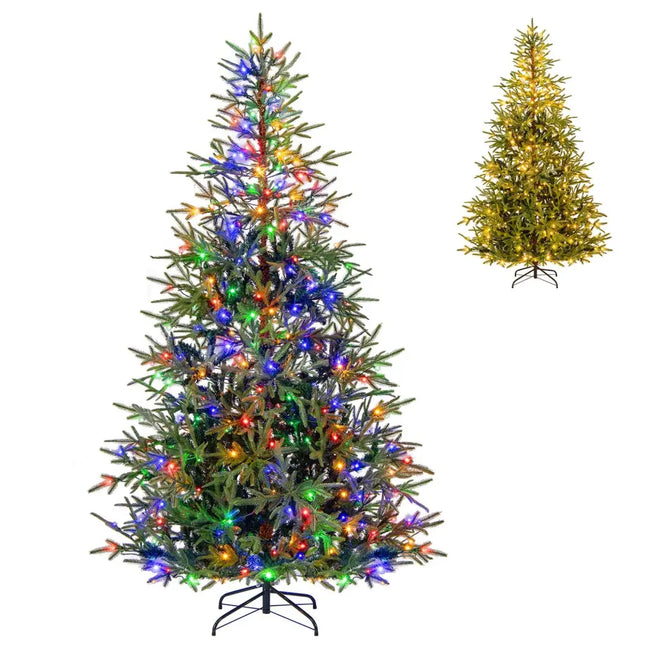 7 FT Pre-Lit Artificial Christmas Tree Hinged Xmas Tree with 300 Warm White & Multicolored LED Lights - Christmas Tree