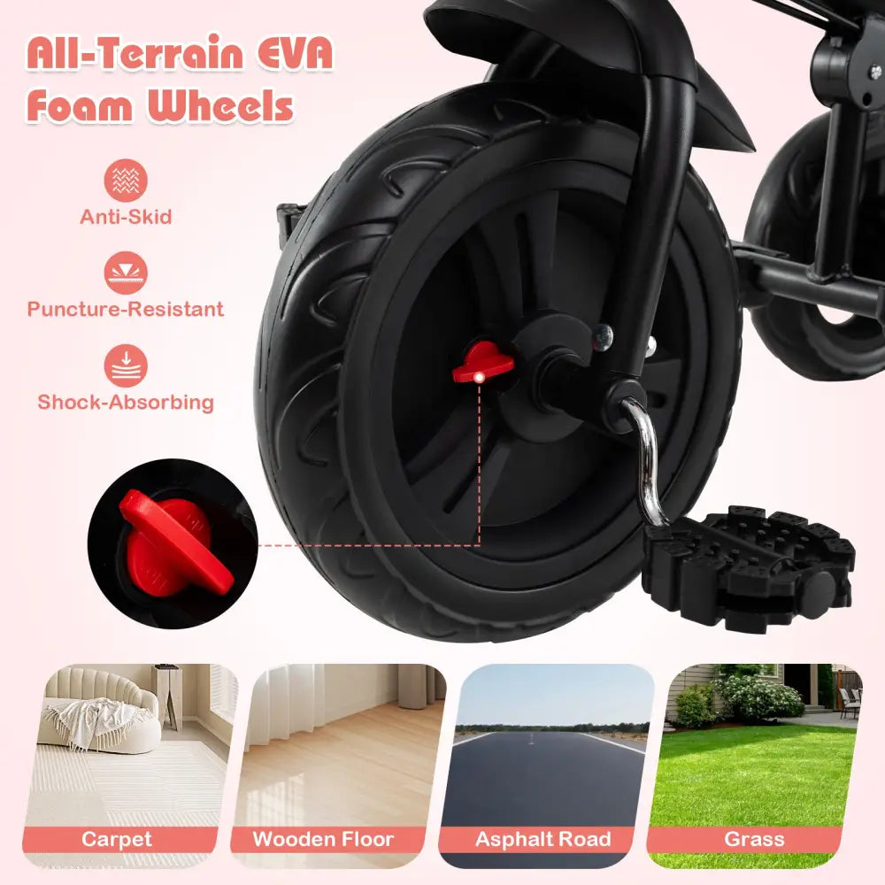 7-in-1 Baby Stroller Tricycle with Adjustable Canopy and Foldable Footrests for Ages 9-60 Months Old-Pink - Pink - Baby