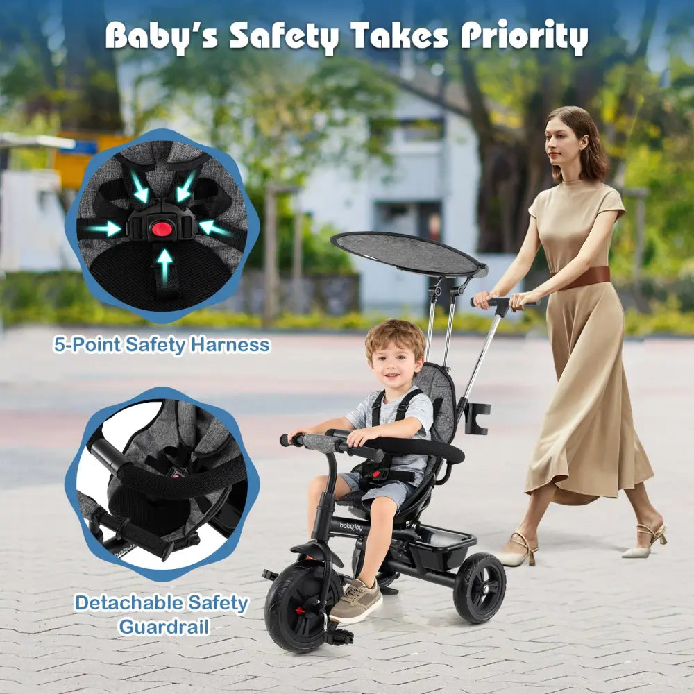 7-in-1 Baby Stroller Tricycle with Adjustable Canopy and Foldable Footrests for Ages 9-60 Months Old-Gray - Gray - Baby