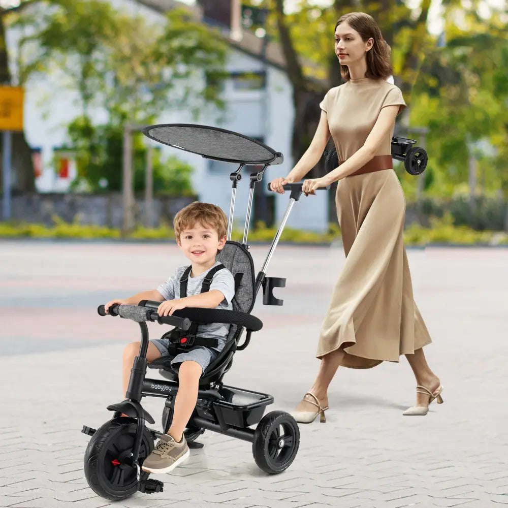 7-in-1 Baby Stroller Tricycle with Adjustable Canopy and Foldable Footrests for Ages 9-60 Months Old-Gray - Gray - Baby