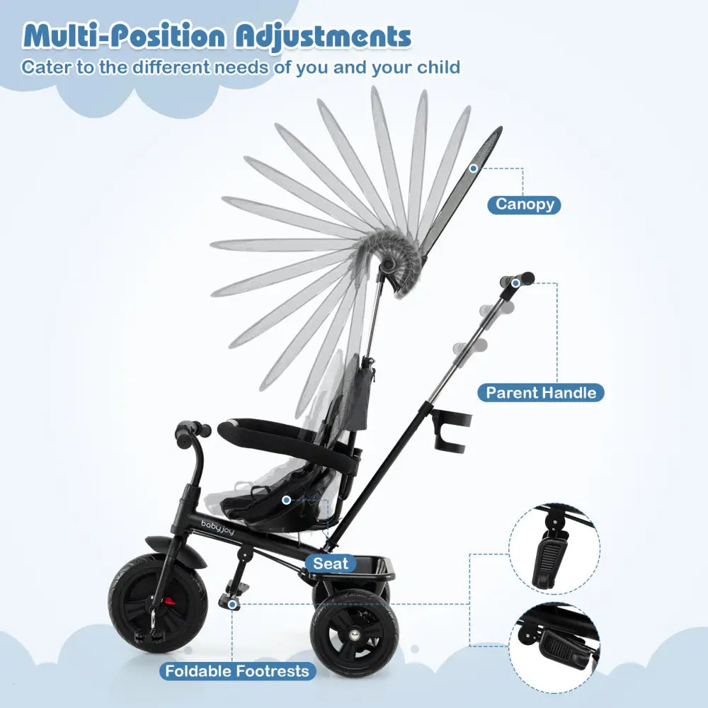 7-in-1 Baby Stroller Tricycle with Adjustable Canopy and Foldable Footrests for Ages 9-60 Months Old-Gray - Gray - Baby