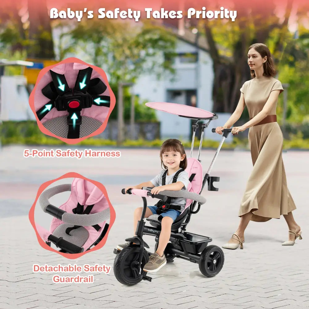 7-in-1 Baby Stroller Tricycle with Adjustable Canopy and Foldable Footrests for Ages 9-60 Months Old-Pink - Pink - Baby