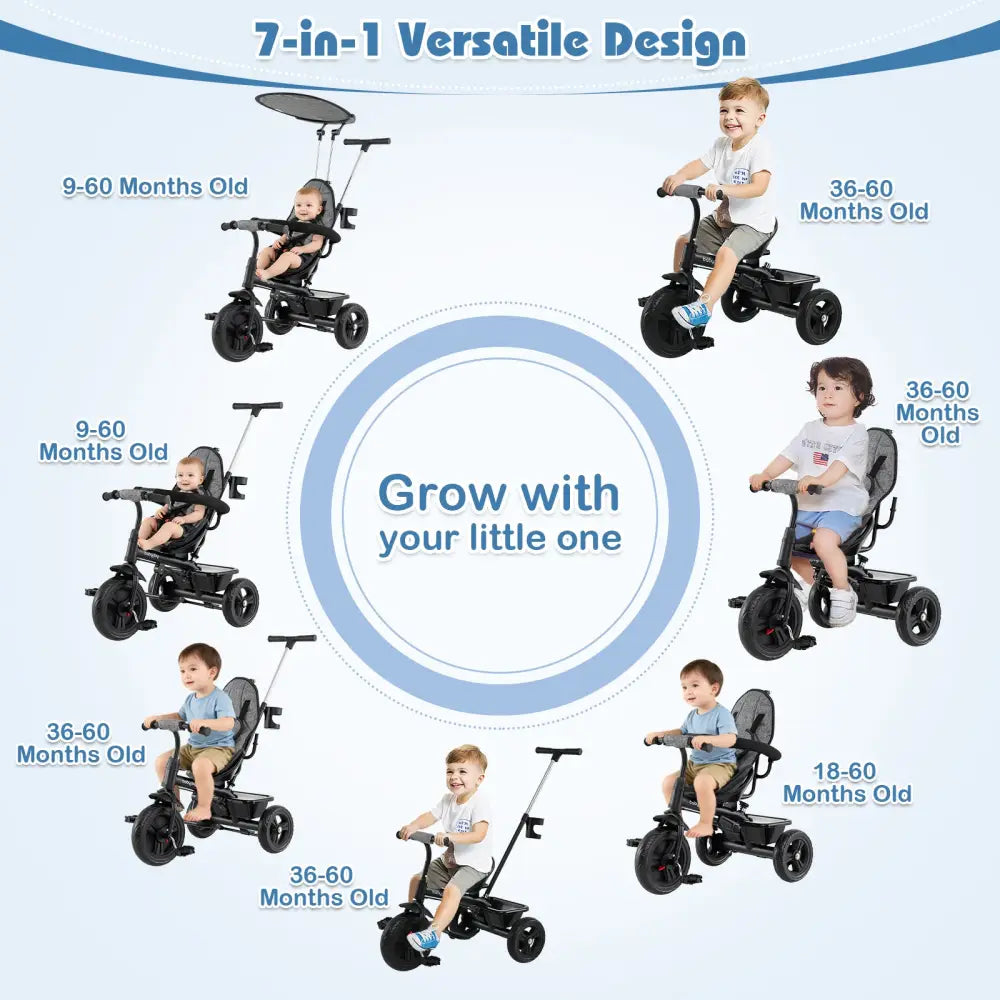 7-in-1 Baby Stroller Tricycle with Adjustable Canopy and Foldable Footrests for Ages 9-60 Months Old-Gray - Gray - Baby