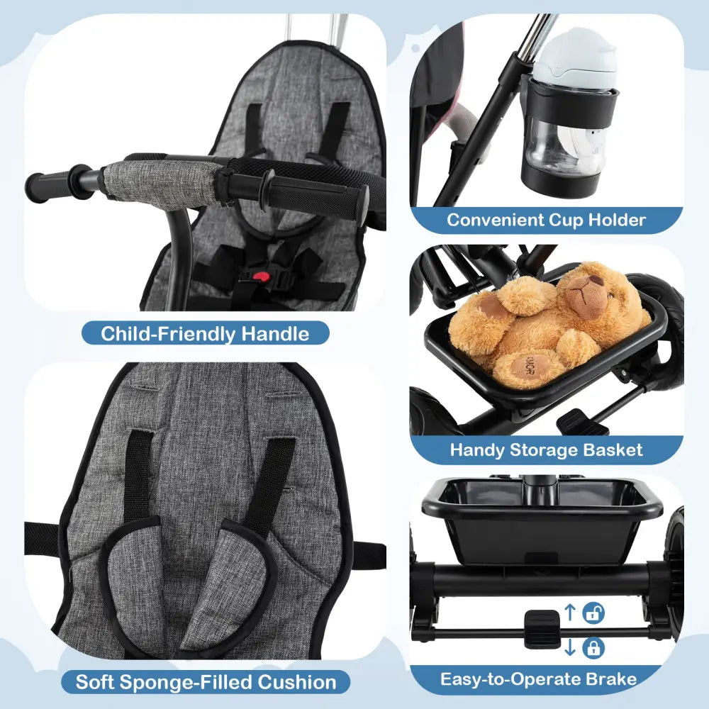 7-in-1 Baby Stroller Tricycle with Adjustable Canopy and Foldable Footrests for Ages 9-60 Months Old-Gray - Gray - Baby