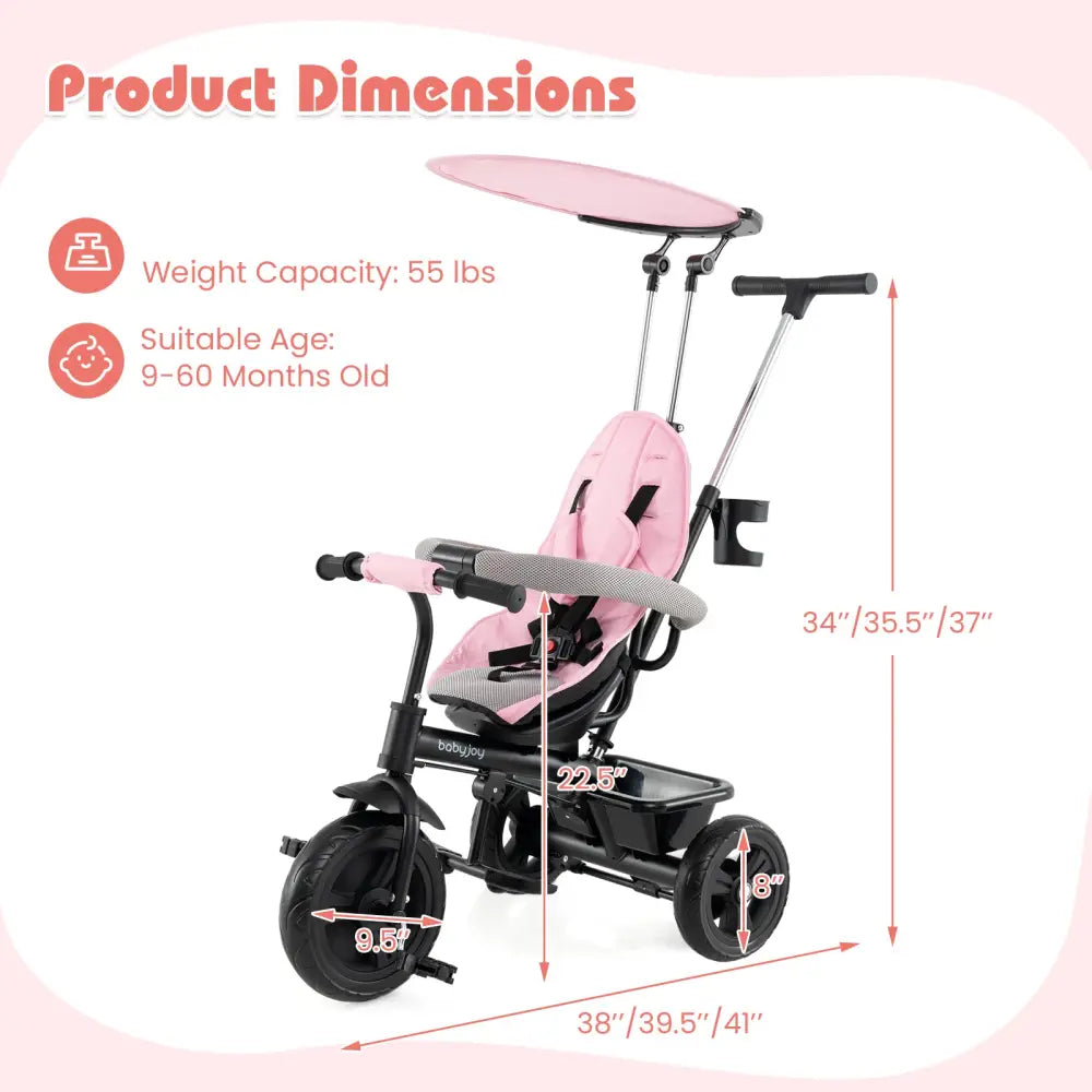 7-in-1 Baby Stroller Tricycle with Adjustable Canopy and Foldable Footrests for Ages 9-60 Months Old-Pink - Pink - Baby