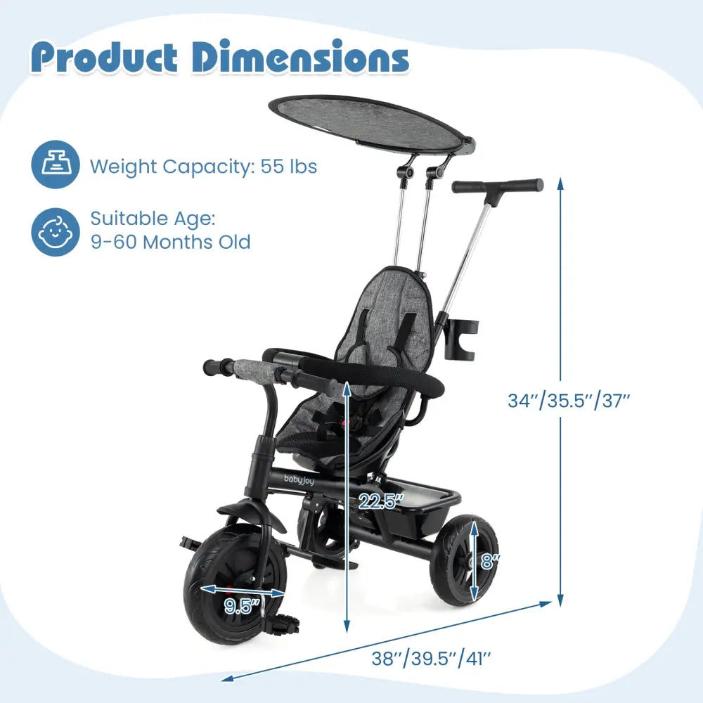 7-in-1 Baby Stroller Tricycle with Adjustable Canopy and Foldable Footrests for Ages 9-60 Months Old-Gray - Gray - Baby