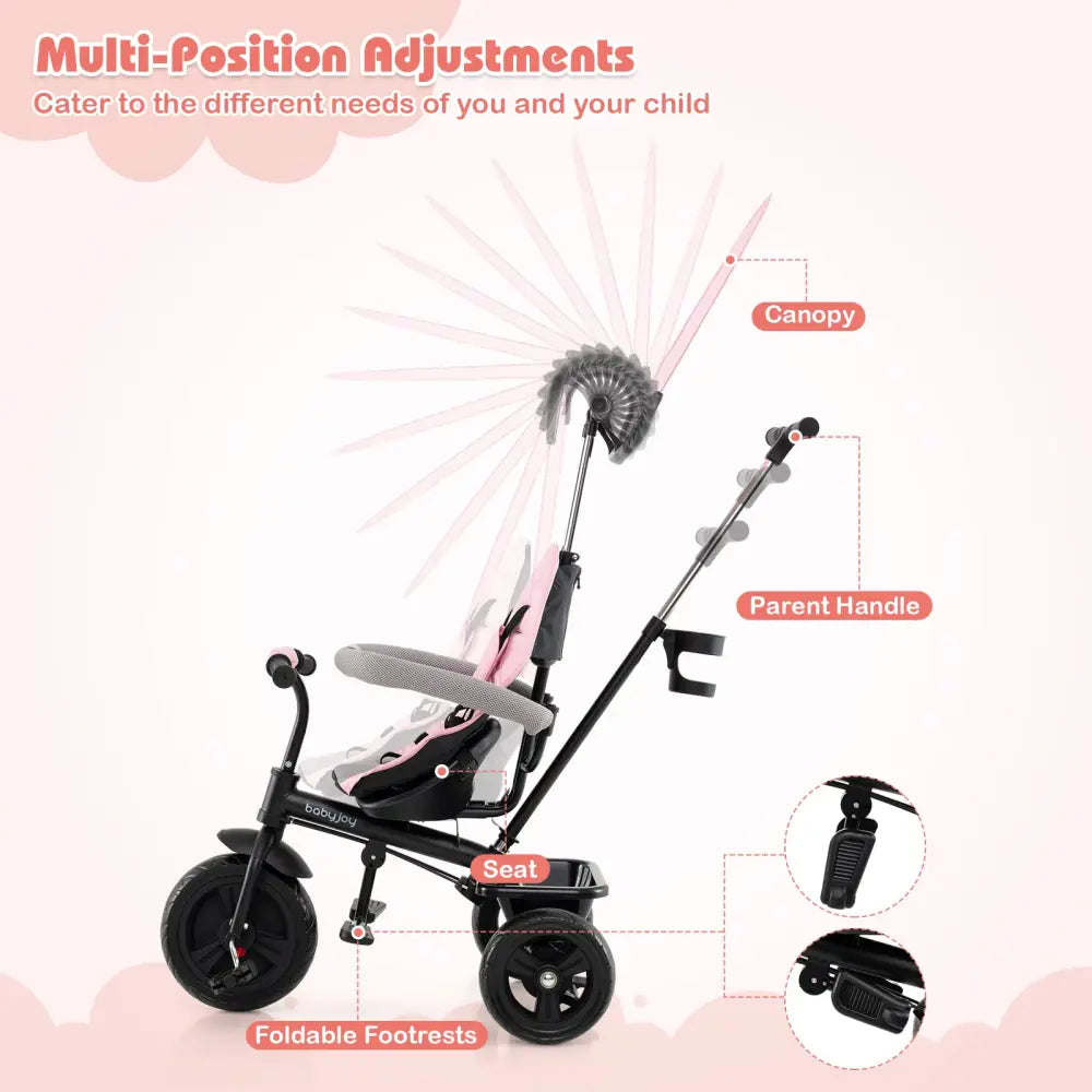 7-in-1 Baby Stroller Tricycle with Adjustable Canopy and Foldable Footrests for Ages 9-60 Months Old-Pink - Pink - Baby