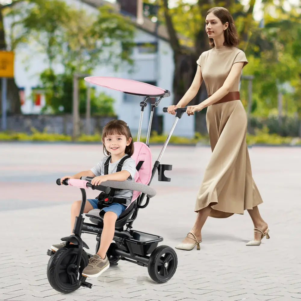 7-in-1 Baby Stroller Tricycle with Adjustable Canopy and Foldable Footrests for Ages 9-60 Months Old-Pink - Pink - Baby