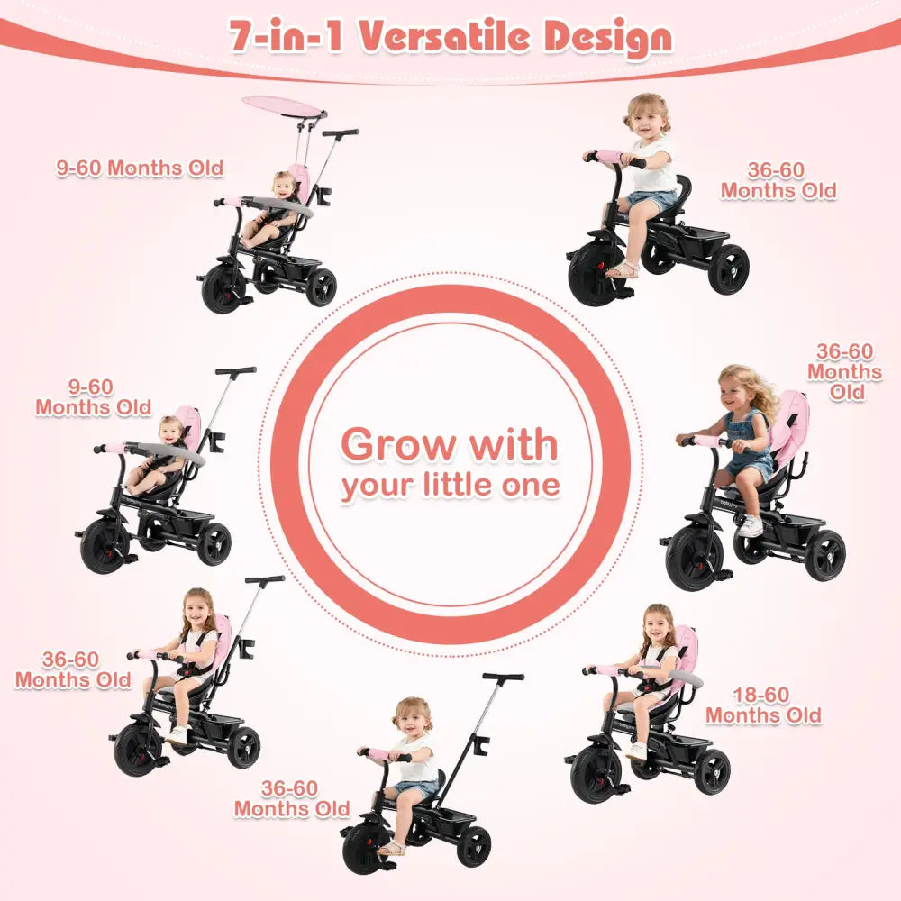 7-in-1 Baby Stroller Tricycle with Adjustable Canopy and Foldable Footrests for Ages 9-60 Months Old-Pink - Pink - Baby