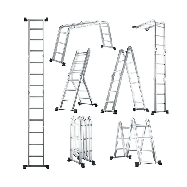 7-in-1 Folding Aluminum Ladder with Anti-Skid Pedal - Silver - Garages