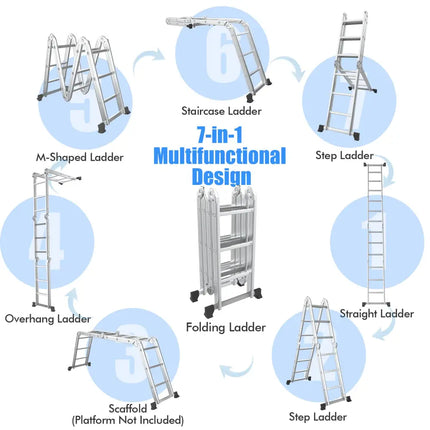 7-in-1 Folding Aluminum Step Ladder with Anti-Skid Pedal - Garages
