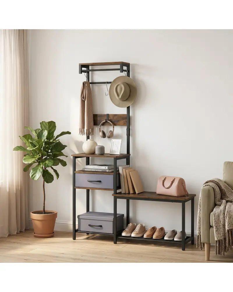 7-in-1 Hall Tree with Shoe Bench and Hooks and Removable Drawer for Entryway-Rustic Brown - Rustic Brown - Coat Racks &