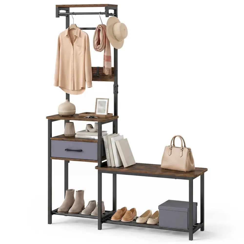 7-in-1 Hall Tree with Shoe Bench and Hooks and Removable Drawer for Entryway-Rustic Brown - Rustic Brown - Coat Racks &