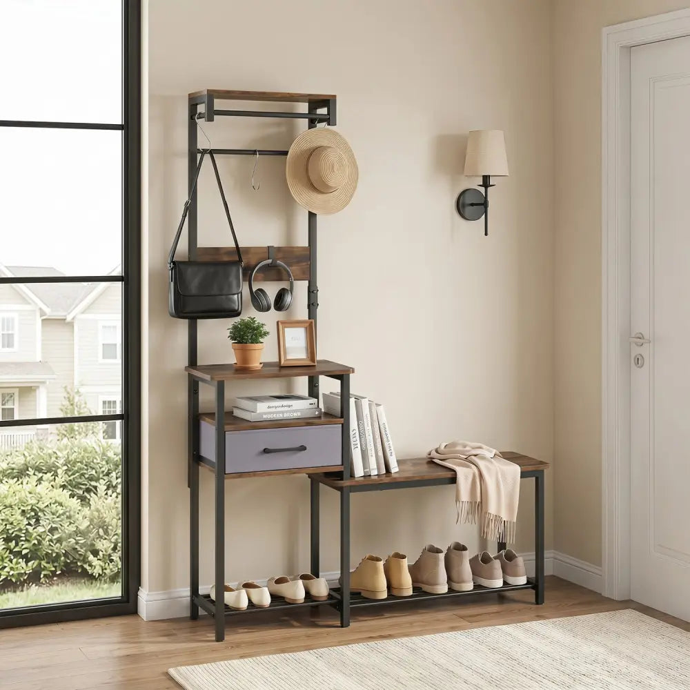 7-in-1 Hall Tree with Shoe Bench and Hooks and Removable Drawer for Entryway-Rustic Brown - Rustic Brown - Coat Racks &