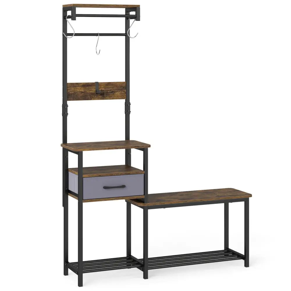 7-in-1 Hall Tree with Shoe Bench and Hooks and Removable Drawer for Entryway-Rustic Brown - Rustic Brown - Coat Racks &