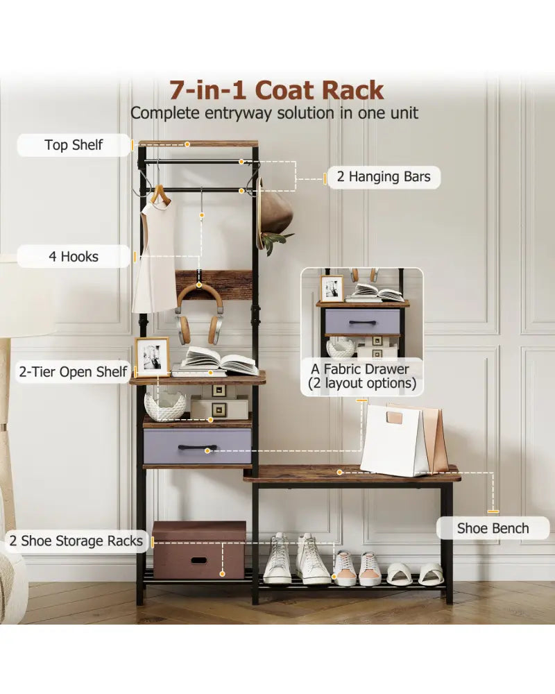 7-in-1 Hall Tree with Shoe Bench and Hooks and Removable Drawer for Entryway-Rustic Brown - Rustic Brown - Coat Racks &