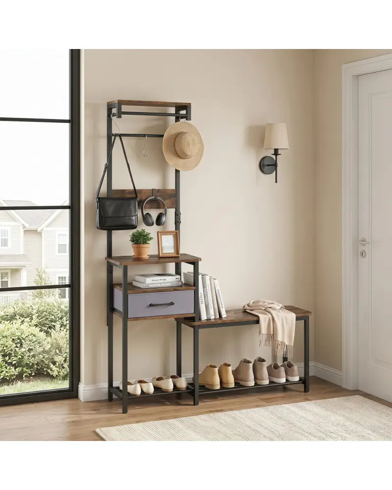 7-in-1 Hall Tree with Shoe Bench and Hooks and Removable Drawer for Entryway-Rustic Brown - Rustic Brown - Coat Racks &