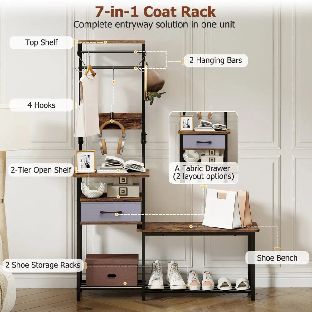 7-in-1 Hall Tree with Shoe Bench and Hooks and Removable Drawer for Entryway-Rustic Brown - Rustic Brown - Coat Racks &