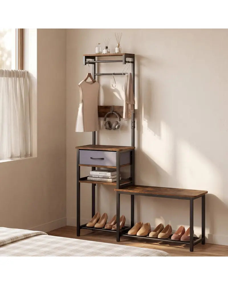 7-in-1 Hall Tree with Shoe Bench and Hooks and Removable Drawer for Entryway-Rustic Brown - Rustic Brown - Coat Racks &