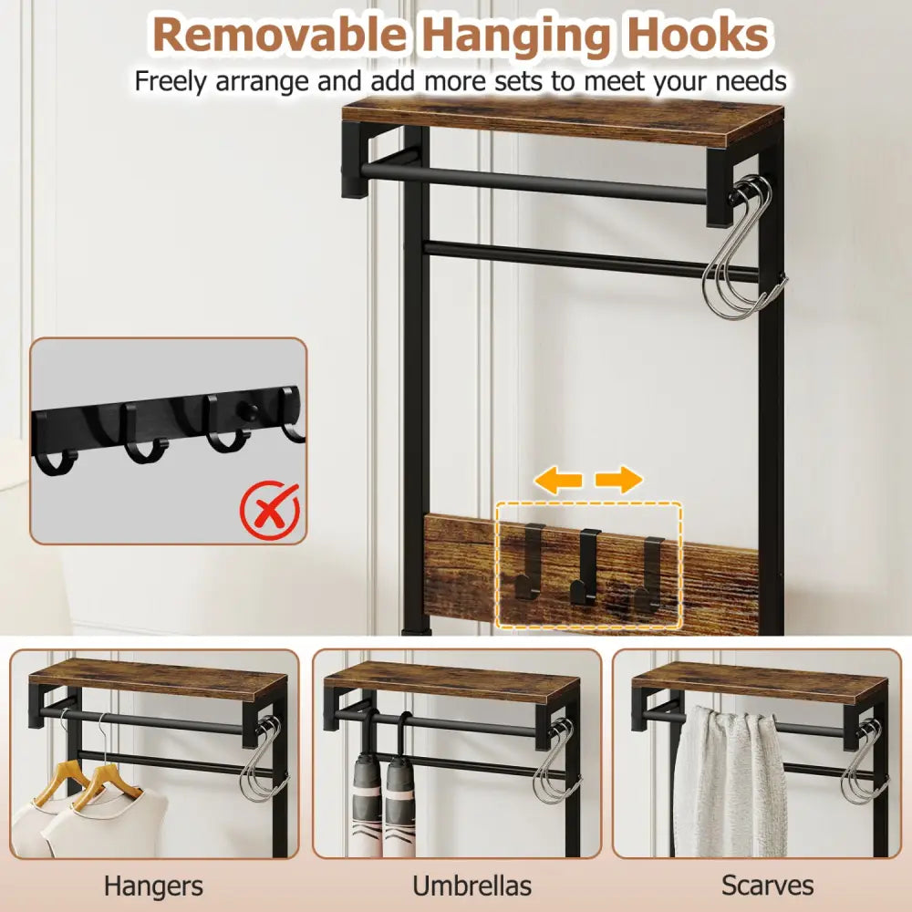 7-in-1 Hall Tree with Shoe Bench and Hooks and Removable Drawer for Entryway-Rustic Brown - Rustic Brown - Coat Racks &