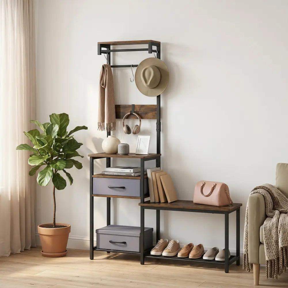 7-in-1 Hall Tree with Shoe Bench and Hooks and Removable Drawer for Entryway-Rustic Brown - Rustic Brown - Coat Racks &