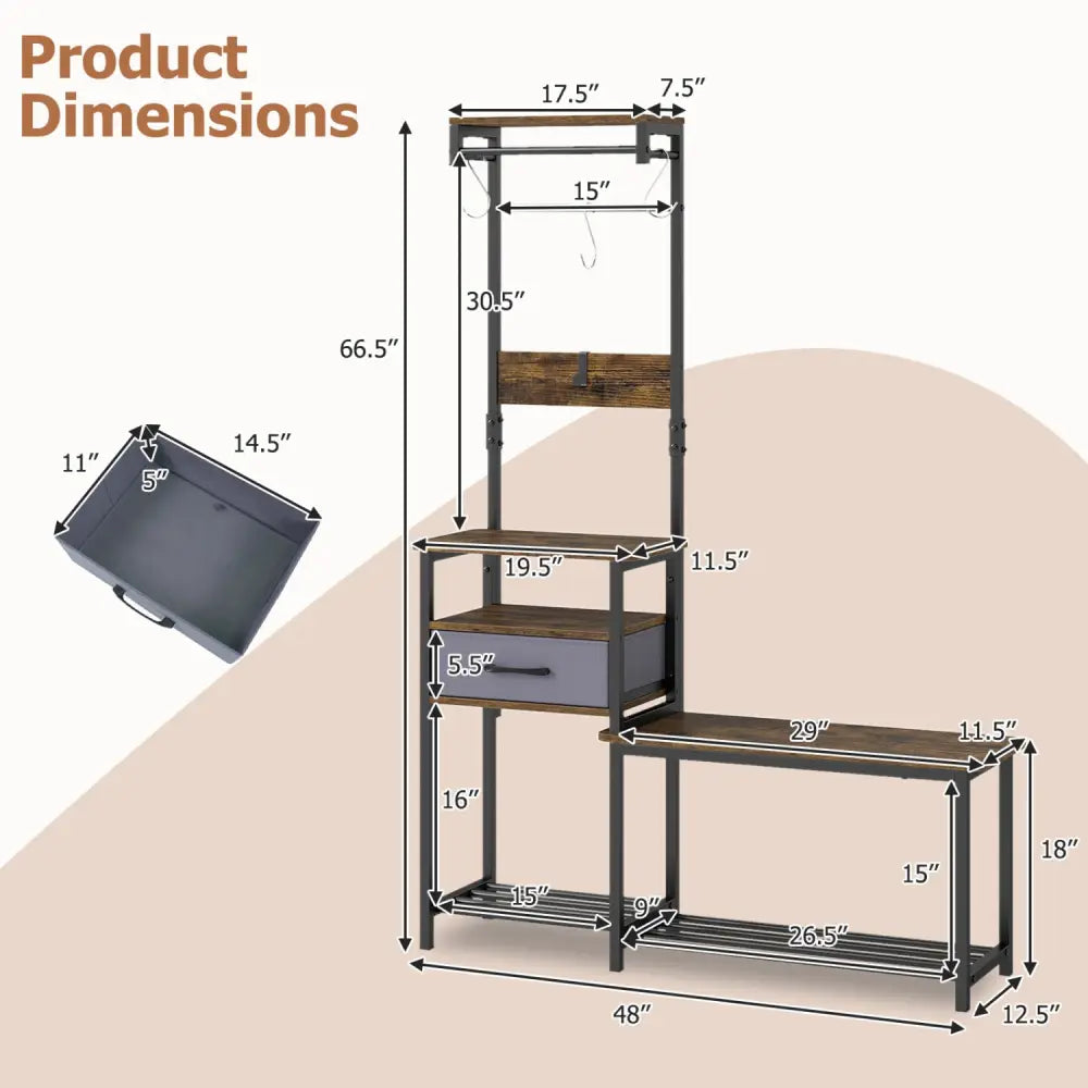7-in-1 Hall Tree with Shoe Bench and Hooks and Removable Drawer for Entryway-Rustic Brown - Rustic Brown - Coat Racks &