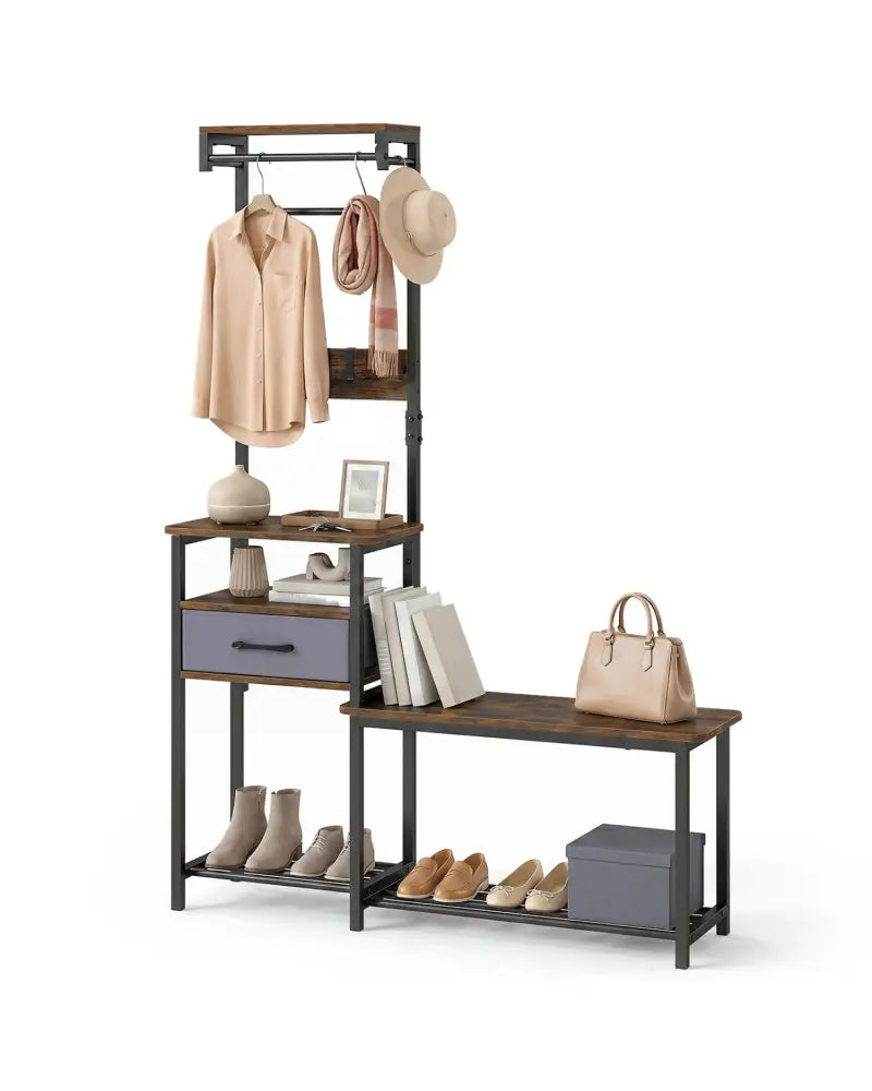 7-in-1 Hall Tree with Shoe Bench and Hooks and Removable Drawer for Entryway-Rustic Brown - Rustic Brown - Coat Racks &