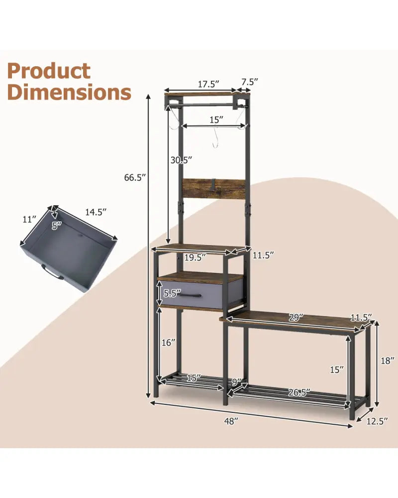 7-in-1 Hall Tree with Shoe Bench and Hooks and Removable Drawer for Entryway-Rustic Brown - Rustic Brown - Coat Racks &