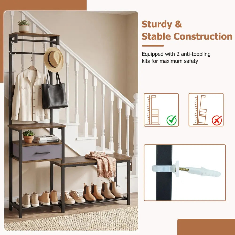 7-in-1 Hall Tree with Shoe Bench and Hooks and Removable Drawer for Entryway-Rustic Brown - Rustic Brown - Coat Racks &