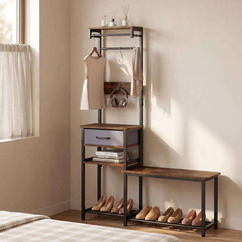 7-in-1 Hall Tree with Shoe Bench and Hooks and Removable Drawer for Entryway-Rustic Brown - Rustic Brown - Coat Racks &