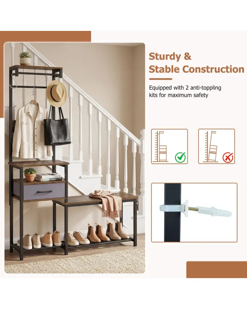 7-in-1 Hall Tree with Shoe Bench and Hooks and Removable Drawer for Entryway-Rustic Brown - Rustic Brown - Coat Racks &