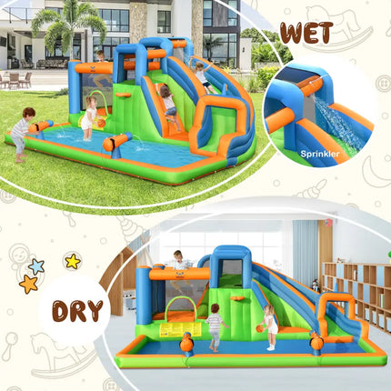 7-in-1 Inflatable Giant Water Park Bouncer with Dual Climbing Walls and 735W Blower - Inflatable Water Slides