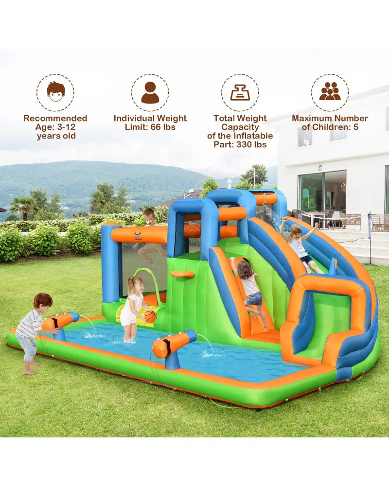 7-in-1 Inflatable Giant Water Park Bouncer with Dual Climbing Walls and 735W Blower - Inflatable Water Slides