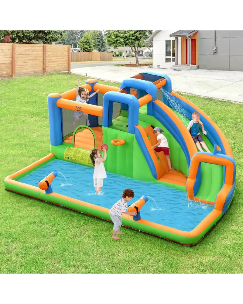 7-in-1 Inflatable Giant Water Park Bouncer with Dual Climbing Walls and 735W Blower - Inflatable Water Slides