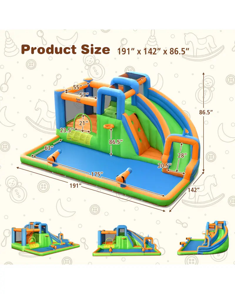 7-in-1 Inflatable Giant Water Park Bouncer with Dual Climbing Walls and 735W Blower - Inflatable Water Slides