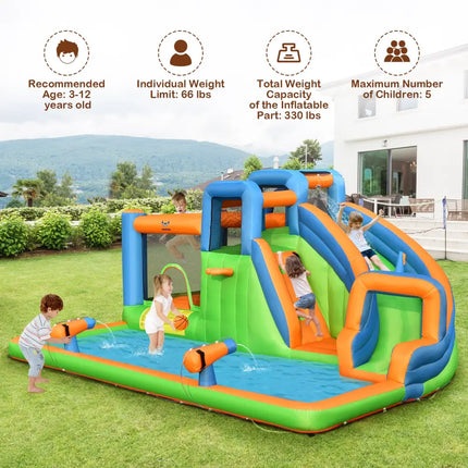 7-in-1 Inflatable Giant Water Park Bouncer with Dual Climbing Walls and 735W Blower - Inflatable Water Slides