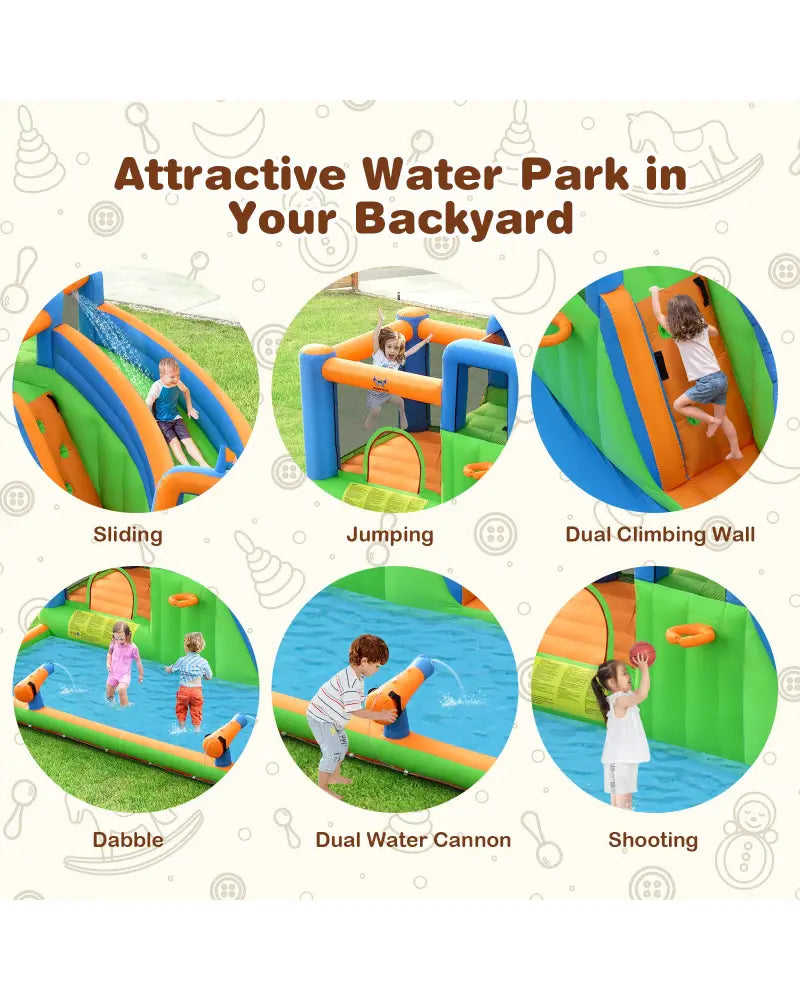 7-in-1 Inflatable Giant Water Park Bouncer with Dual Climbing Walls and 735W Blower - Inflatable Water Slides
