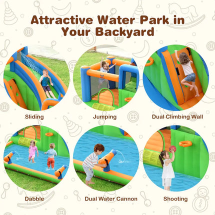7-in-1 Inflatable Giant Water Park Bouncer with Dual Climbing Walls and 735W Blower - Inflatable Water Slides