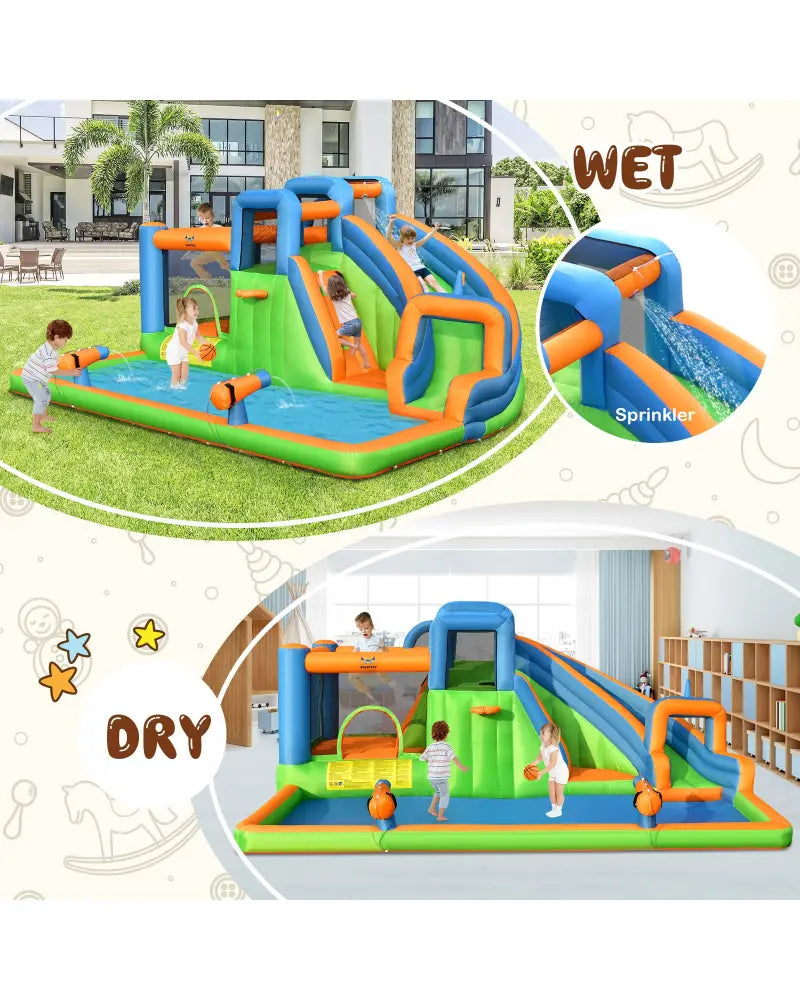 7-in-1 Inflatable Giant Water Park Bouncer with Dual Climbing Walls and 735W Blower - Inflatable Water Slides
