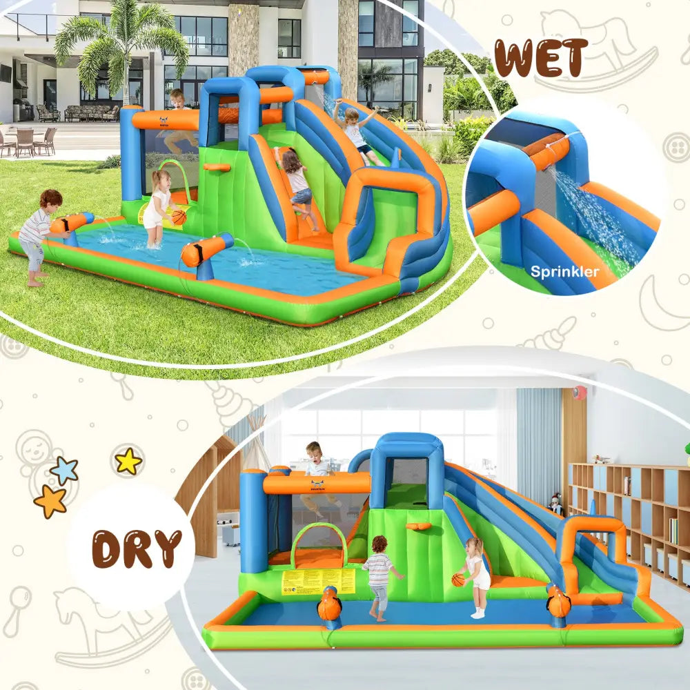 7-in-1 Inflatable Giant Water Park Bouncer with Dual Climbing Walls and 735W Blower - Inflatable Water Slides