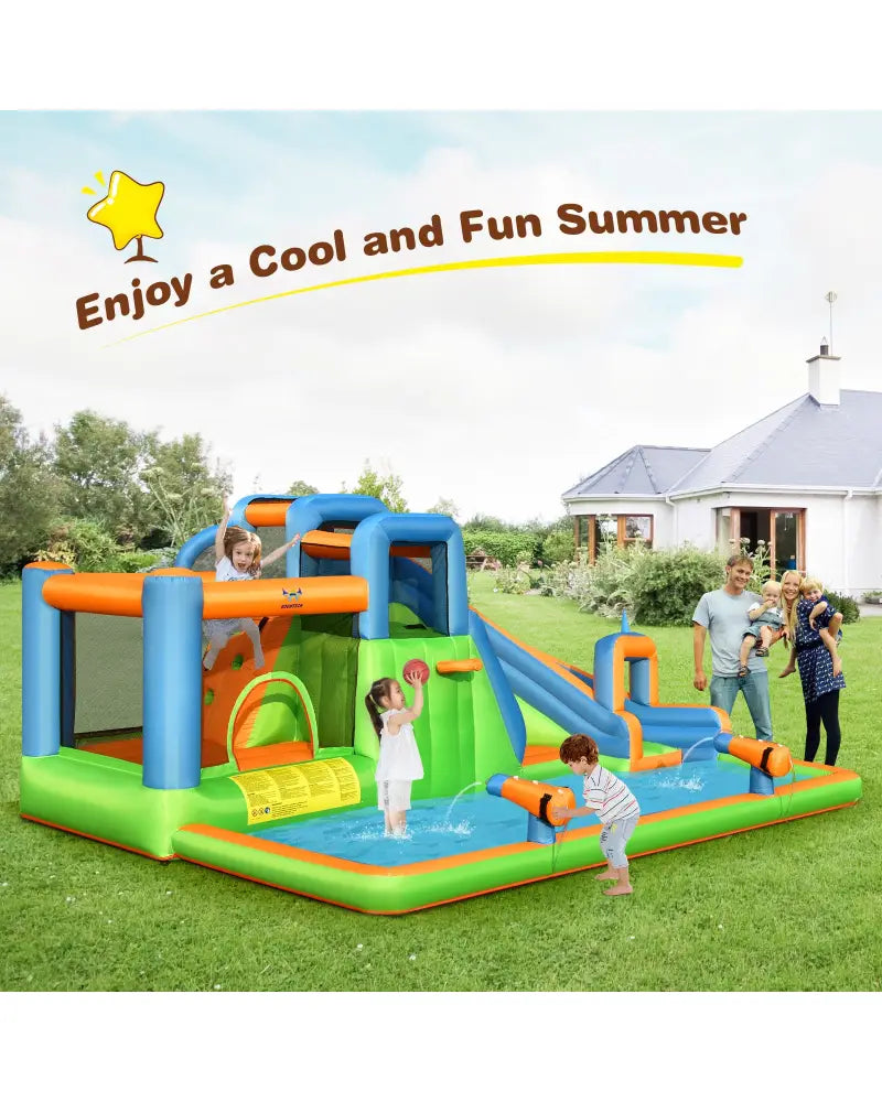 7-in-1 Inflatable Giant Water Park Bouncer with Dual Climbing Walls and 735W Blower - Inflatable Water Slides