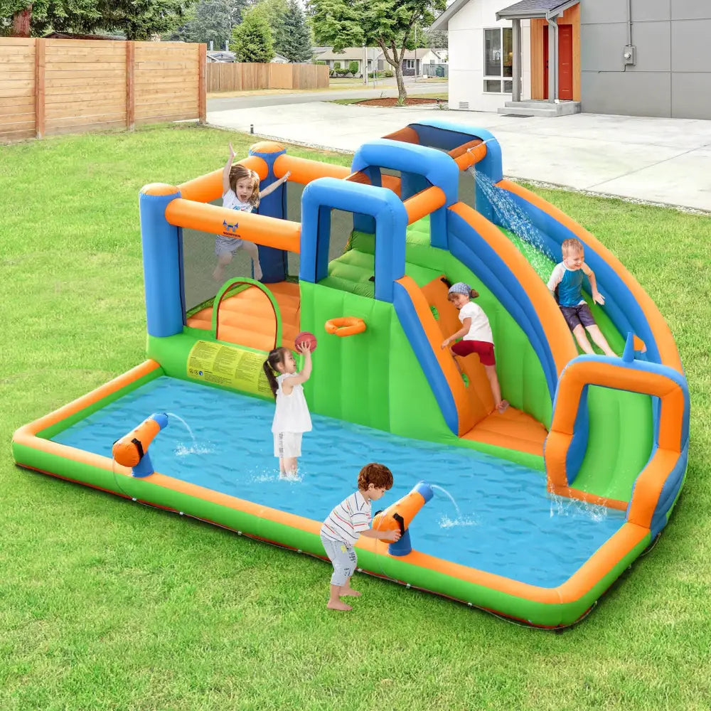 7-in-1 Inflatable Giant Water Park Bouncer with Dual Climbing Walls and 735W Blower - Inflatable Water Slides